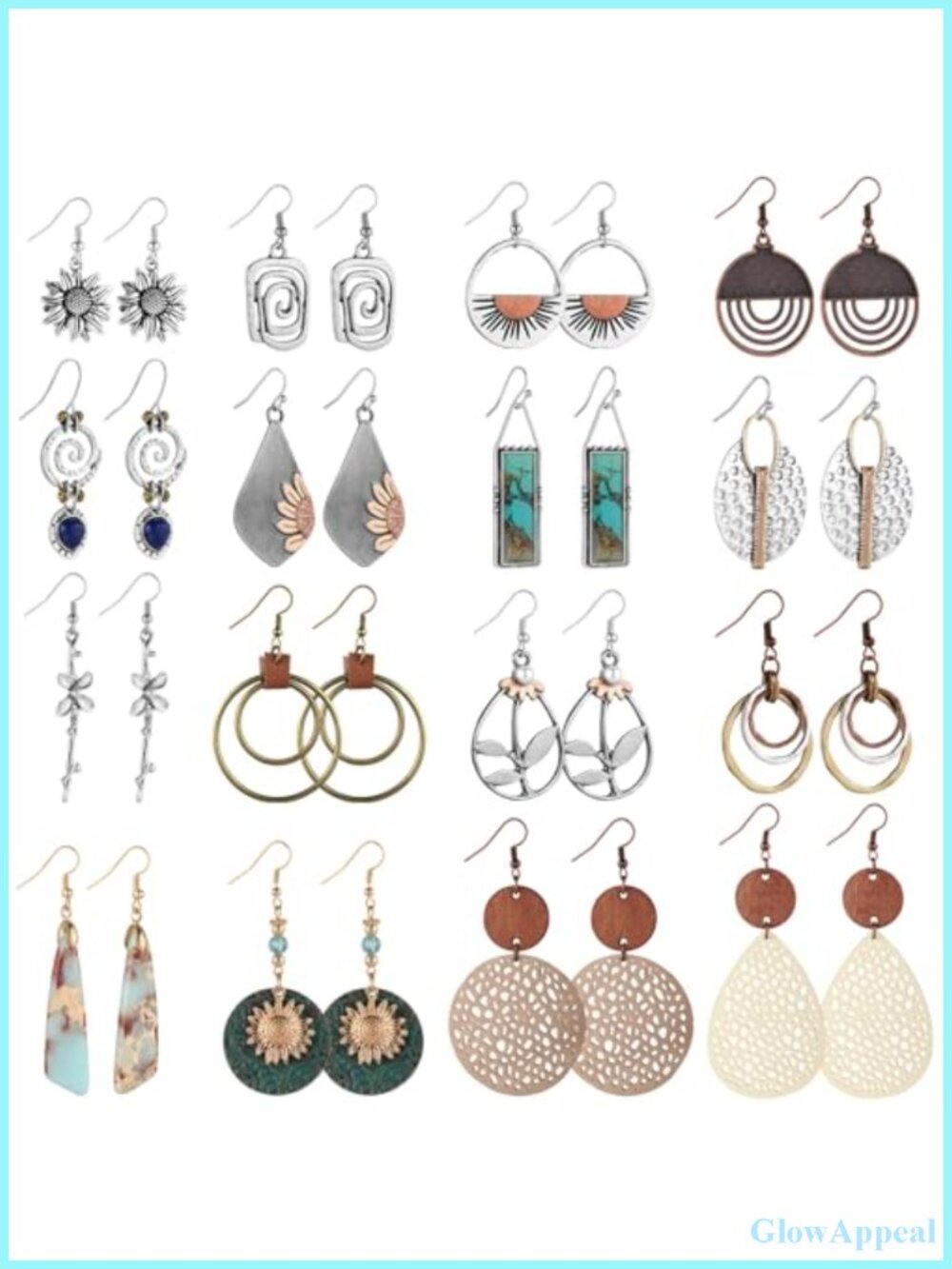 16 Pairs Boho Dangle Earrings for Women, Hook Design, Wood & Alloy, Gift Set